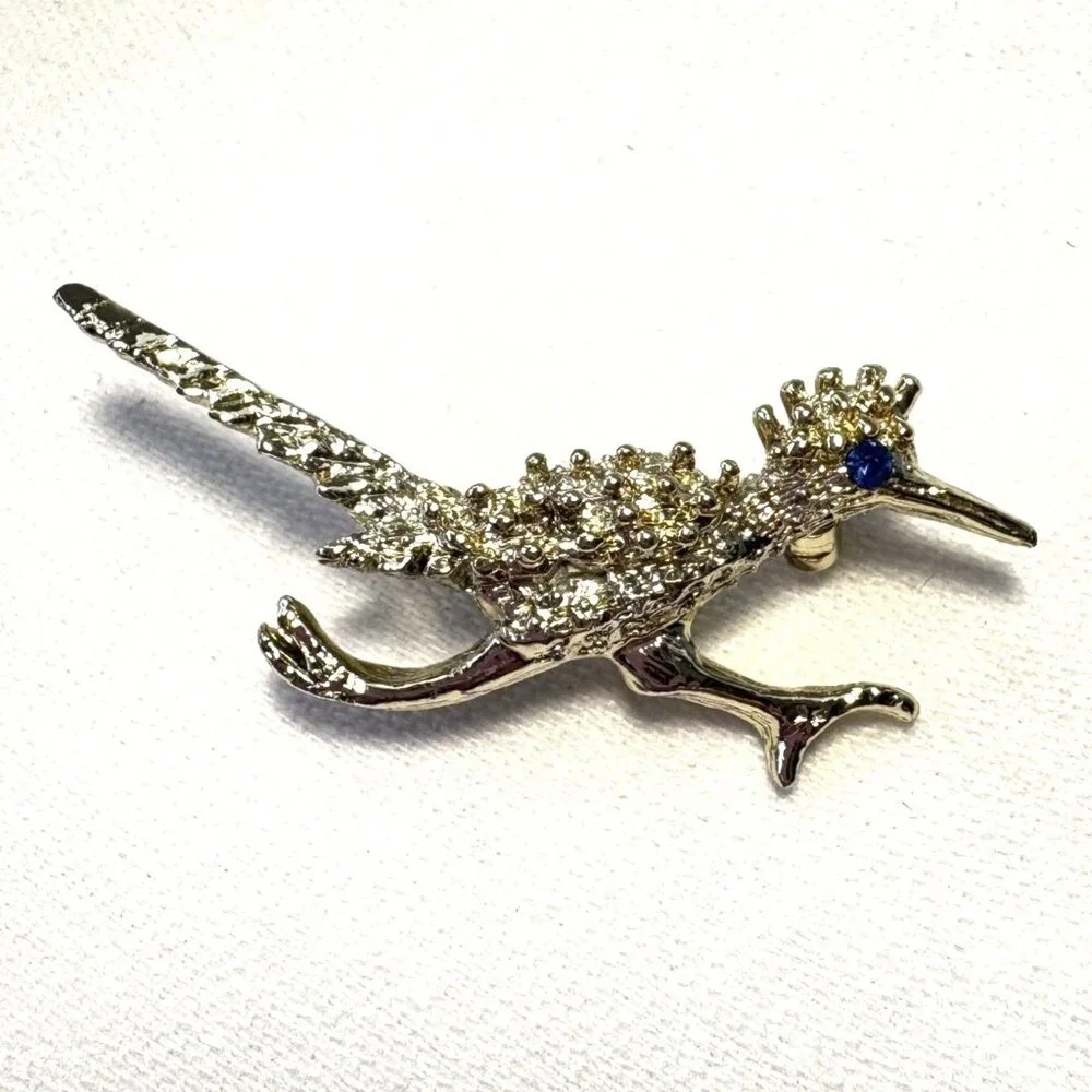 Vintage Silver Tone Roadrunner Bird Brooch Pin Sapphire‎ Blue Rhinestone Eye